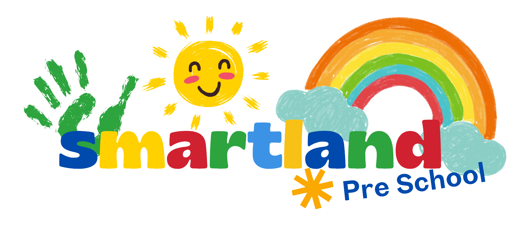 SMARTLAND Preschool logo with rainbow, sun, and colourful lettering